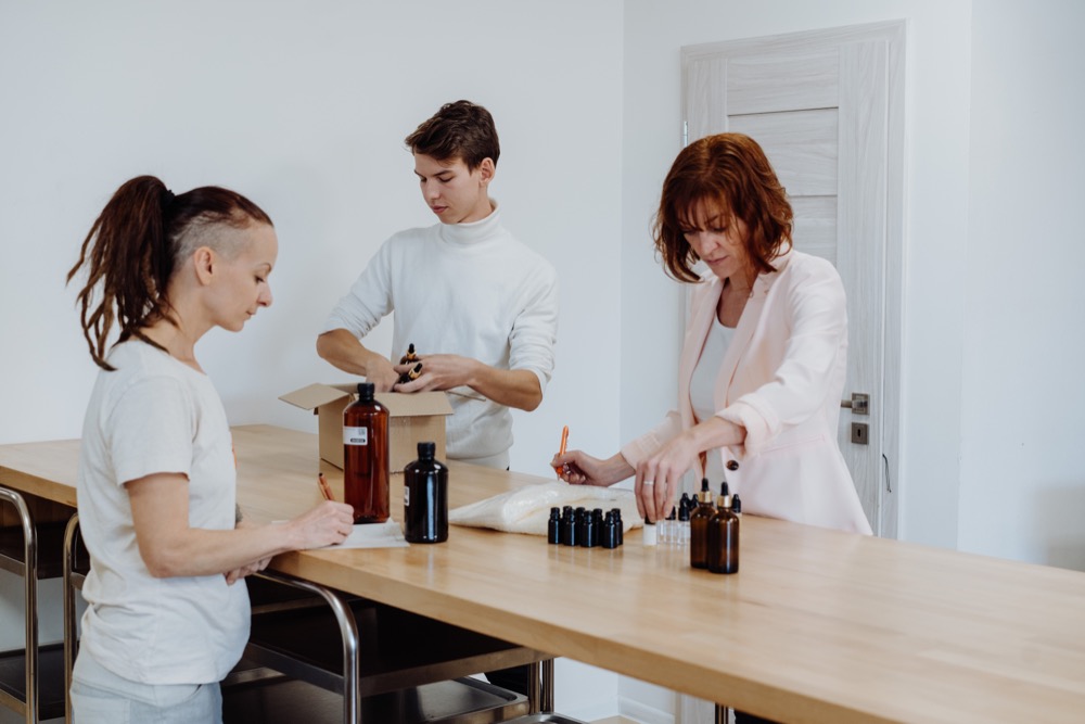 The Handymade workshop — ingredients and bottles laid out on a table