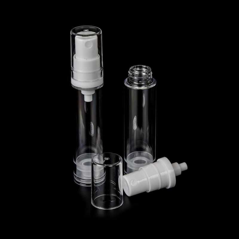 Clear plastic airless bottle with a volume of 10 ml, which is ideal for storing various serums such as hyaluronic. It works on the principle of a vacuum that is