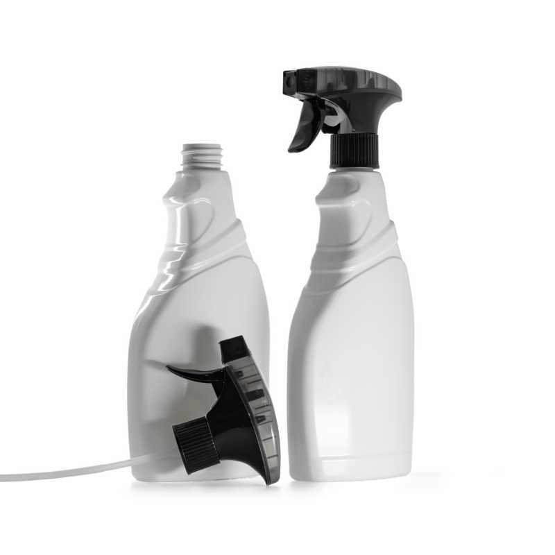 White Detergent Plastic Bottle, Black Trigger Foaming Sprayer, 500 ml