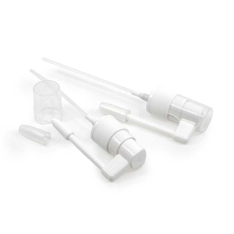 Plastic throat liquid applicator in white colour. The mouth spray is suitable for combining with all glass bottles with 18 mm neck.
It has a transparent protec