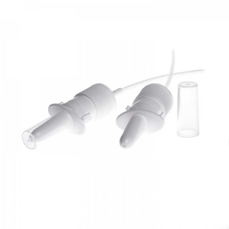 Whiteplastic nasal fluid applicator. The nasal spray is suitable for combining with all glass bottles with a neck of 18 mm.
The packaging is certified for use 