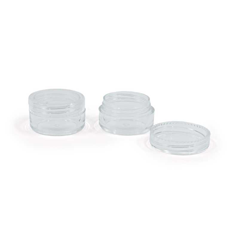 Transparent plastic cup with screw cap with a volume of 5 ml.