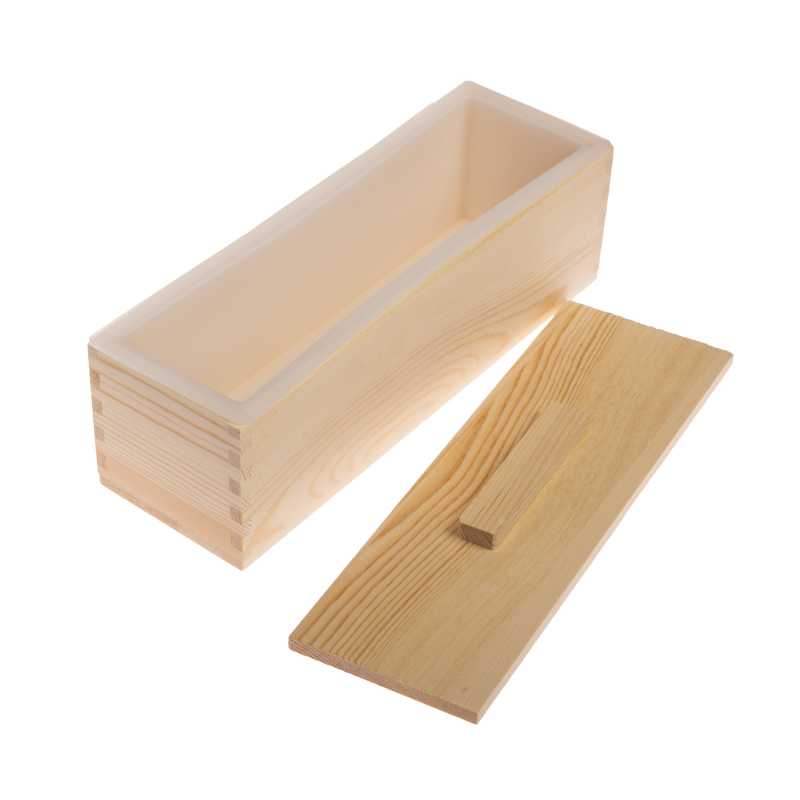 Wooden box or mould designed for soap making with a lid. You can put a silicone mould, which is included in the product, into the wooden mould or line it with b
