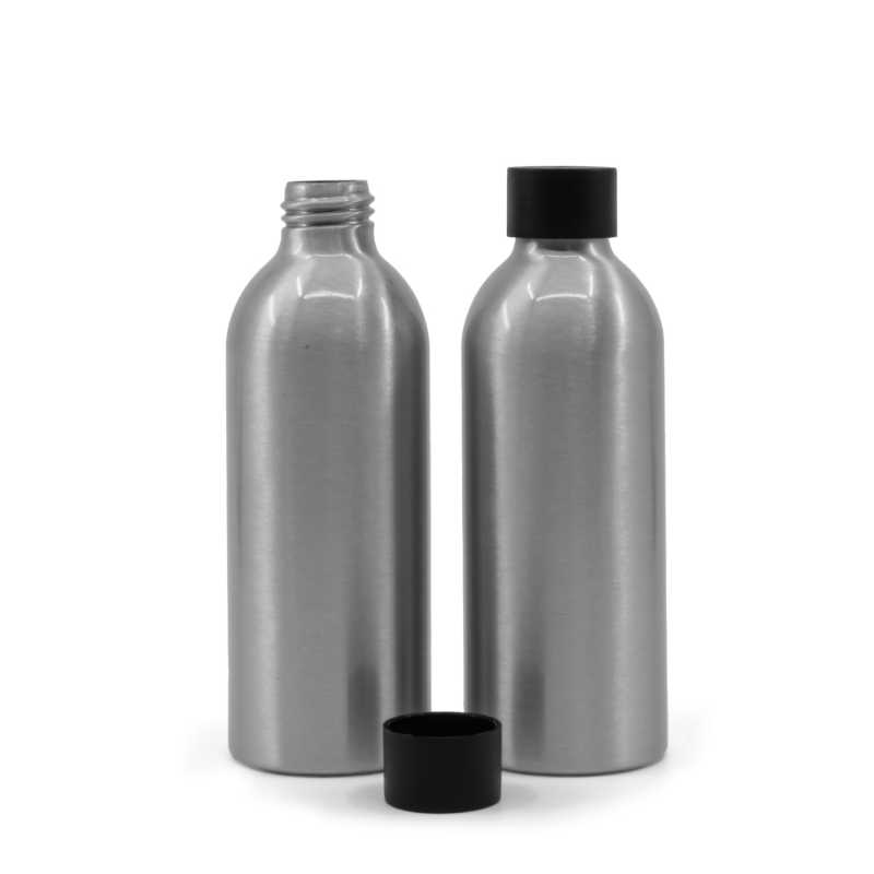 Aluminium Bottle, 24/410, Black Mat Plastic Cap, 200 ml