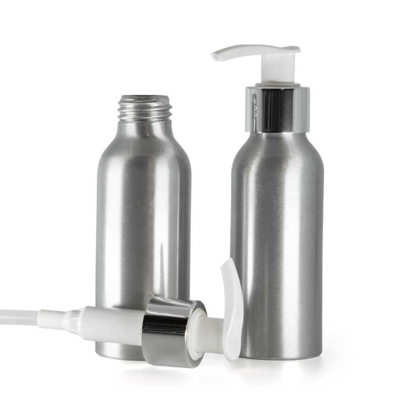 Aluminium Bottle, White Lotion Pump With Glossy Silver Collar, 100 ml