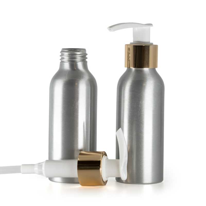 Aluminium Bottle, White Lotion Pump With Glossy Gold Collar, 100 ml