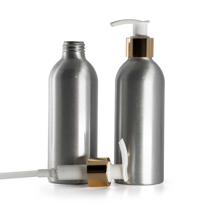 Aluminium Bottle, White Lotion Pump With Glossy Gold Collar, 200 ml