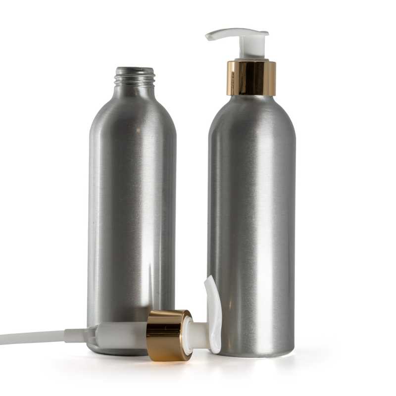 Aluminium Bottle, White Lotion Pump With Glossy Gold Collar, 225 ml