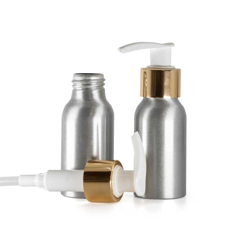 Aluminium Bottle, White Lotion Pump With Glossy Gold Collar, 50 ml