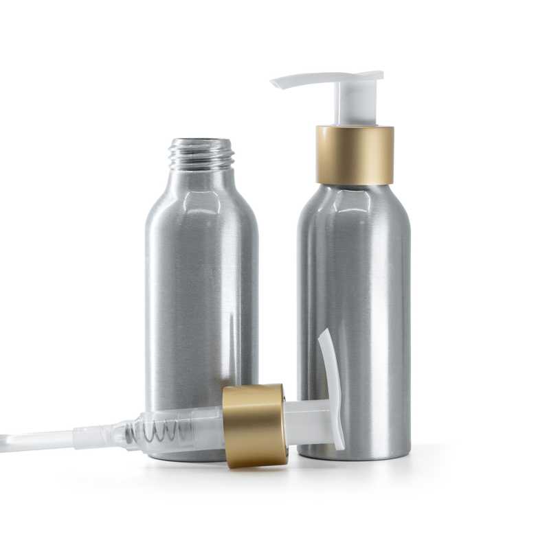 Aluminium Bottle, White Lotion Pump With Matte Gold Collar, 100 ml