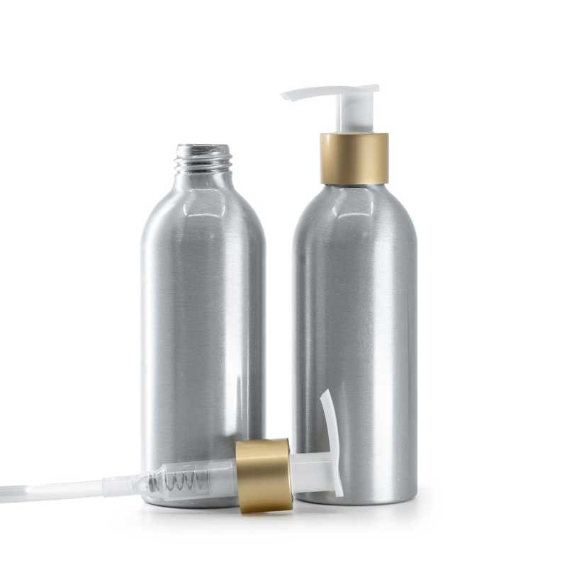 Aluminium Bottle, White Lotion Pump With Matte Gold Collar, 200 ml