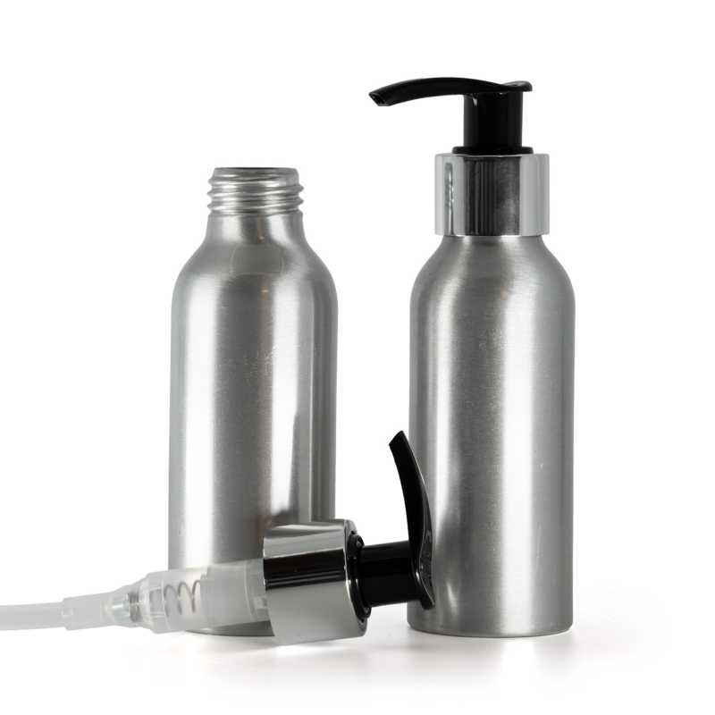 Aluminium Bottle, Black Lotion Pump With Glossy Silver Collar, 100 ml