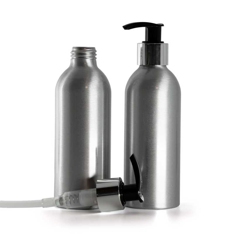 Aluminium Bottle, Black Lotion Pump With Glossy Silver Collar, 200 ml