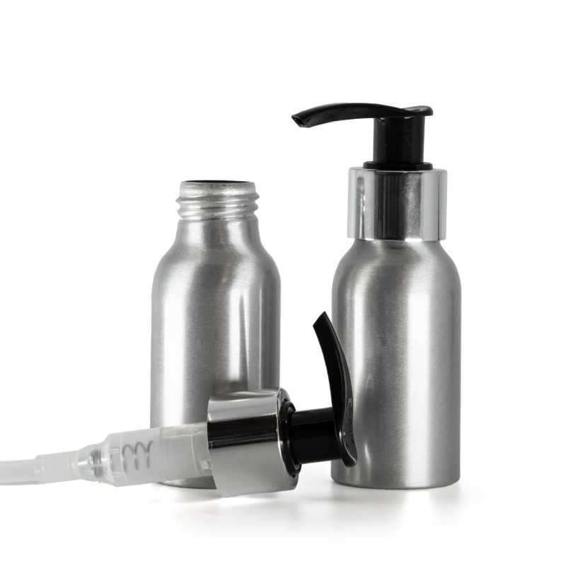 Aluminium Bottle, Black Lotion Pump With Glossy Silver Collar, 50 ml