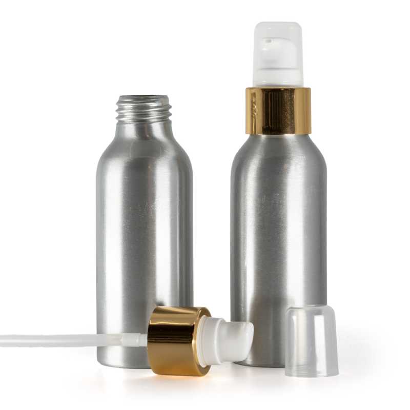 Aluminium Bottle,  White Lotion Pump With Overcap, Glossy Gold, 100 ml