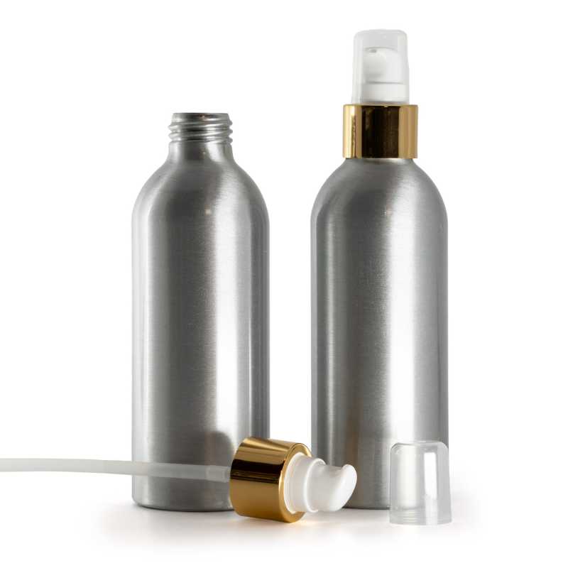 Aluminium Bottle,  White Lotion Pump With Overcap, Glossy Gold, 200 ml