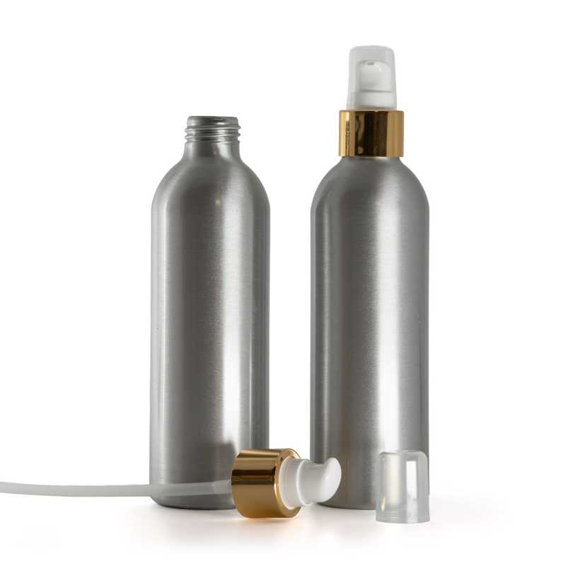 Aluminium Bottle,  White Lotion Pump With Overcap, Glossy Gold, 225 ml