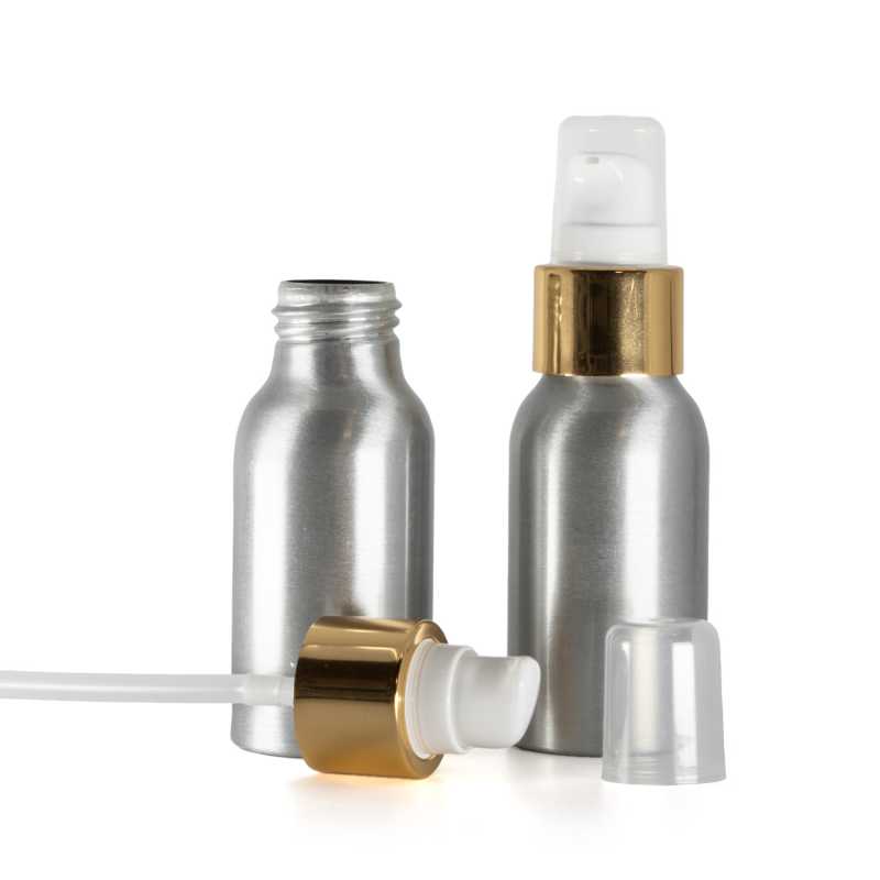 Aluminium Bottle,  White Lotion Pump With Overcap, Glossy Gold, 50 ml