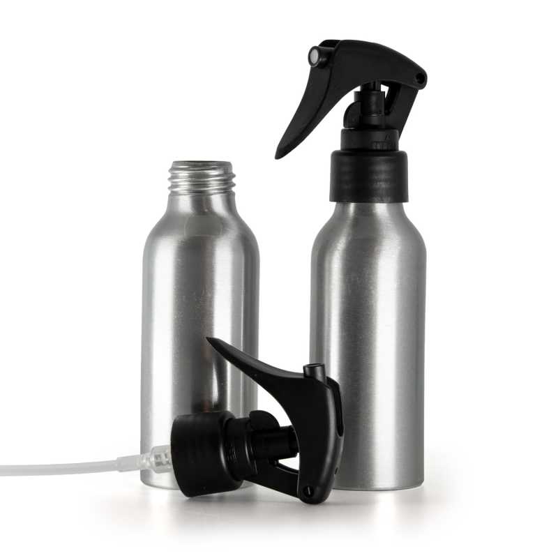 Aluminium Bottle, Mini Trigger Spray, Matte Black, Smooth Collar, 100 ml