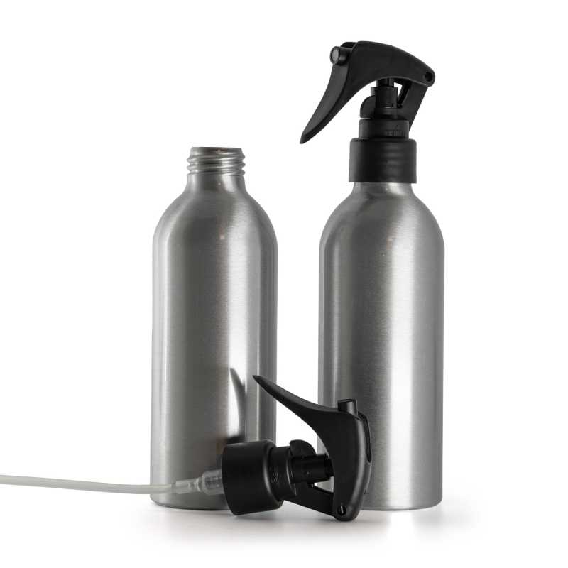 Aluminium Bottle, Mini Trigger Spray, Matte Black, Smooth Collar, 200 ml