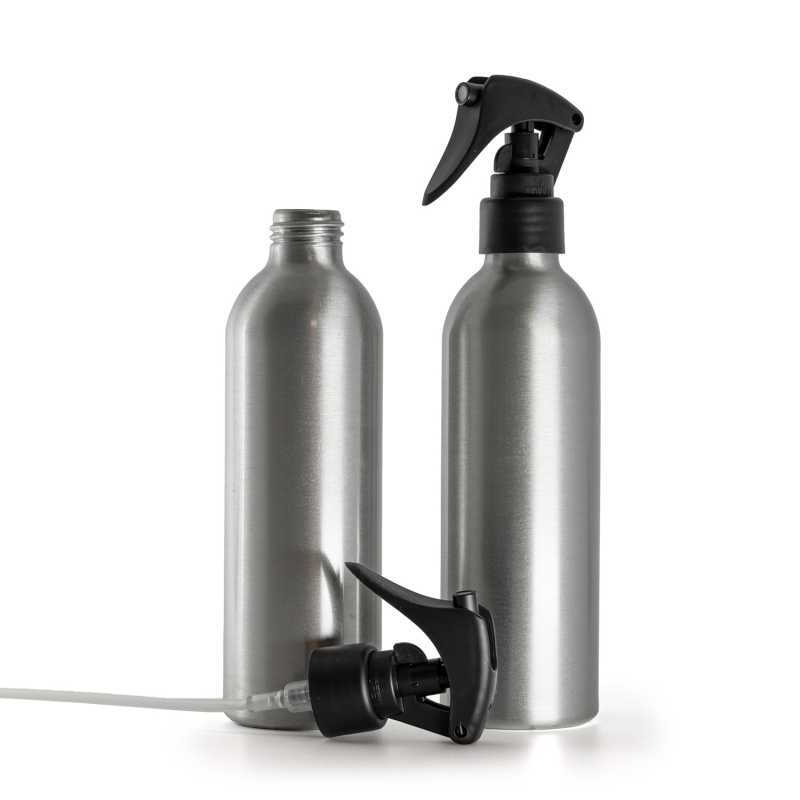 Aluminium Bottle, Mini Trigger Spray, Matte Black, Smooth Collar, 225 ml
