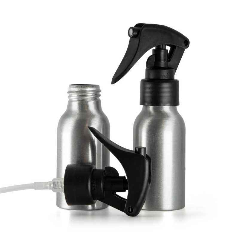 Aluminium Bottle, Mini Trigger Spray, Matte Black, Smooth Collar, 50 ml