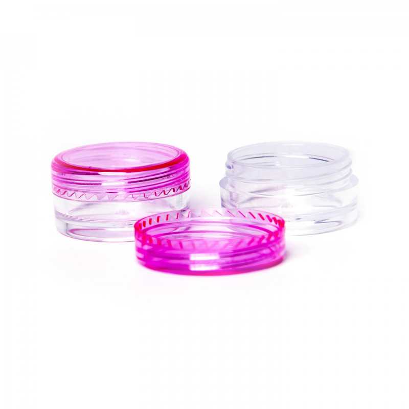 Plastic transparent 5 ml cup with screw-on tasteful pink lid.Suitable for special serums.Dimension: 2,9x1,6 cmThe packaging is certified for use in cosmetics.