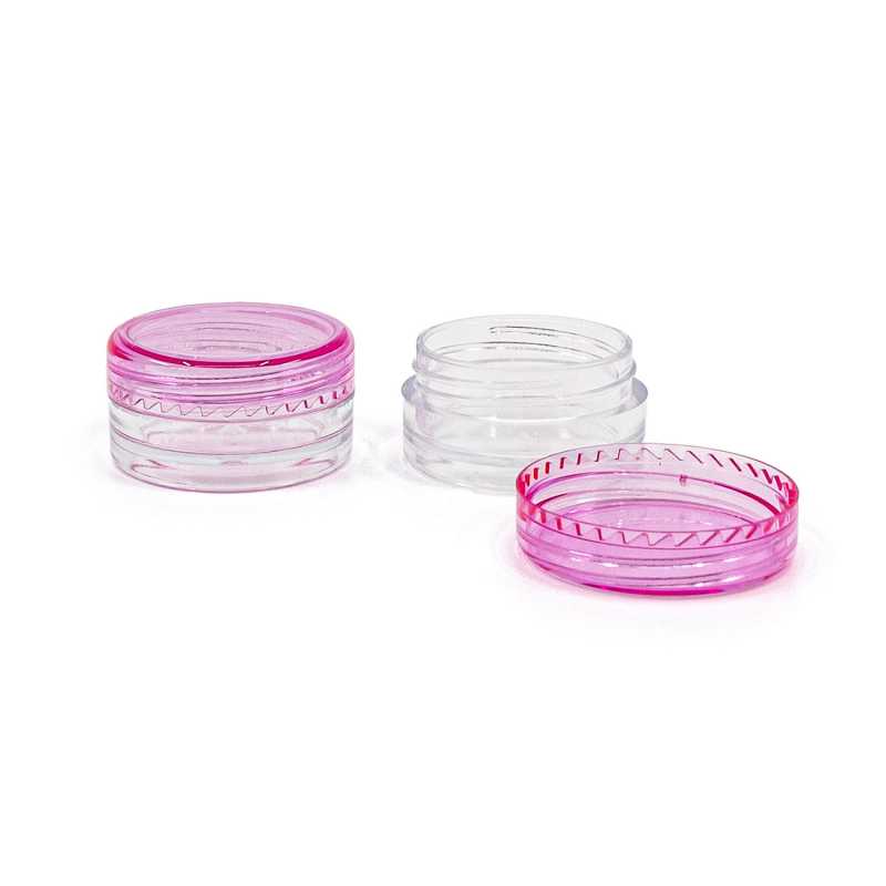 Plastic transparent 5 ml cup with screw-on tasteful pink lid.Suitable for special serums.Dimension: 2,9x1,6 cmThe packaging is certified for use in cosmetics.