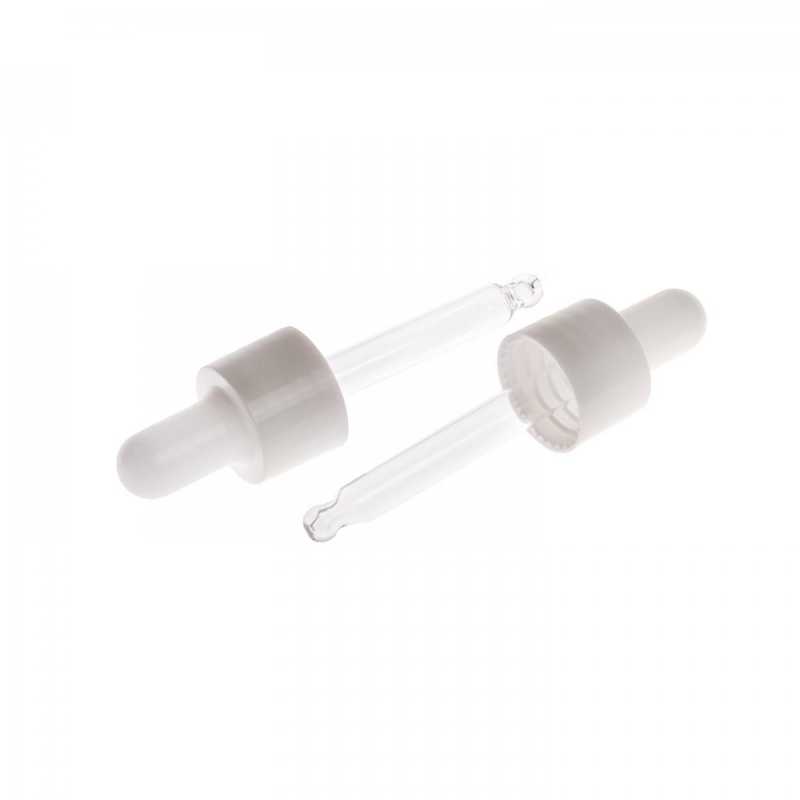 Glass dropper in white glossy colour, suitable for bottles with a neck diameter of 18 mm and a volume of 10 ml.Length of pipette: 52 mmMaterial: glass, plastic
