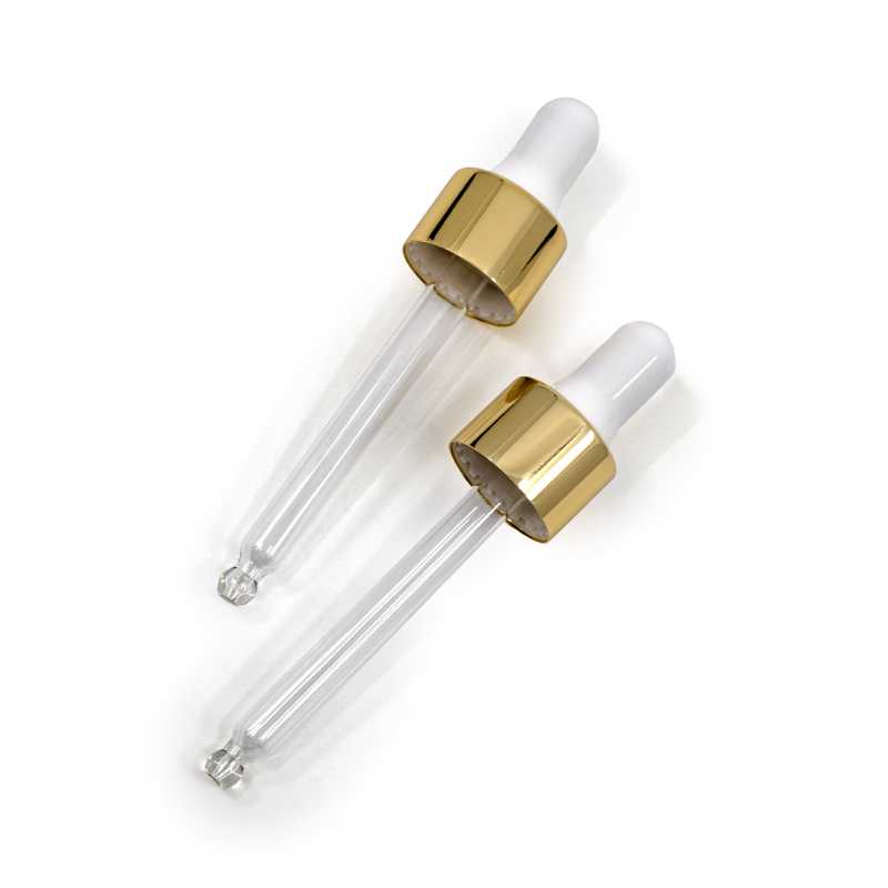 Glass dropper in white/gold gloss combination, suitable for bottle with neck diameter 18 mm and volume 30 ml.Glass tube length: 71 mmMaterial: glass, silicone, 