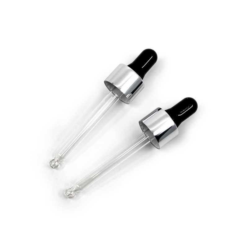 Glass dropper, black/silver gloss, suitable for bottle with neck diameter 18 mm and volume 15 ml.Glass tube length: 56 mmMaterial: glass, silicone, aluminium, p