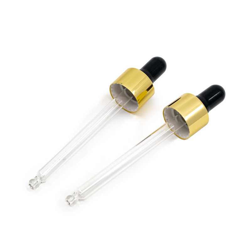 Glass dropper, black/gold gloss, suitable for bottle with neck diameter 18 mm and volume 10 - 15 ml. Glass tube length: 56 mmMaterial: glass, silicone, aluminiu