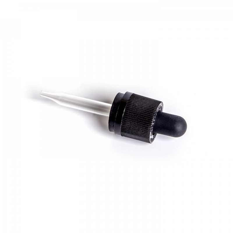 Black glass dropper with child safety lock, pipette end, suitable for bottle with neck diameter 18 mm and volume 10 ml.Length of glass tube: 52 mmMaterial: glas