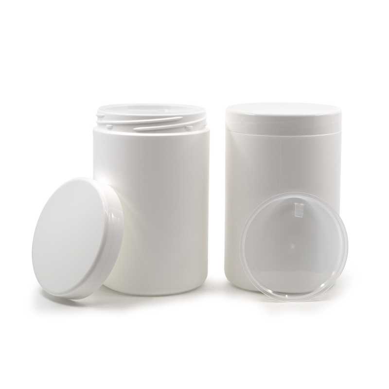 White plastic jar with a volume of 1000 ml.
Material: HDPEOuter diameter: 10 cmInner diameter: 9,6 cmHeight without lid: 15,2 cmPlastic lid with membrane in wh