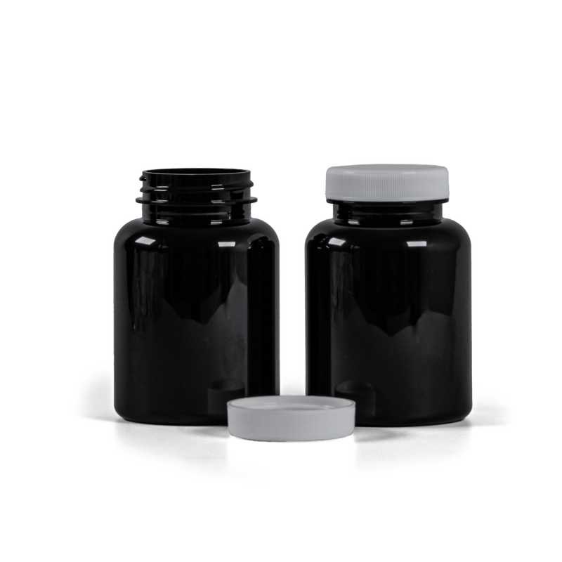 Black Plastic Pill Jar with White Lid, 200 ml