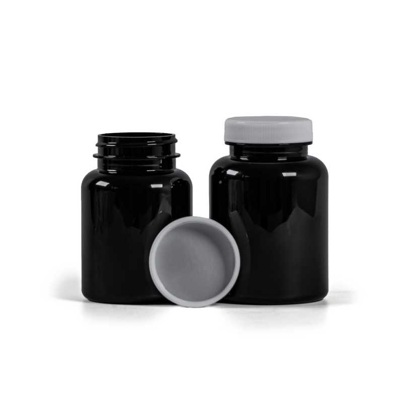 Black Plastic Pill Jar, White Lid, Induction Innerseal, 200 ml