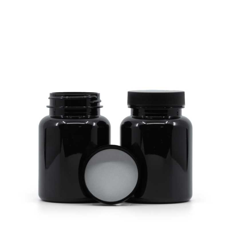 Black Plastic Pill Jar, Black Lid, Induction Innerseal, 150 ml