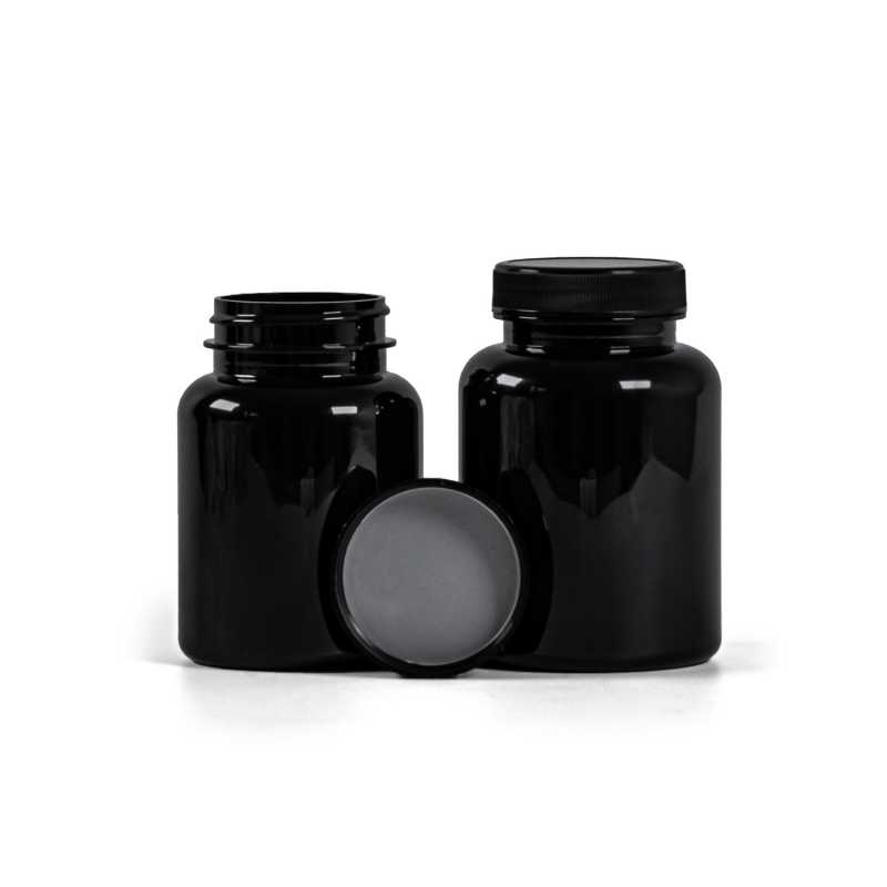 Black Plastic Pill Jar, Black Lid, Induction Innerseal, 200 ml