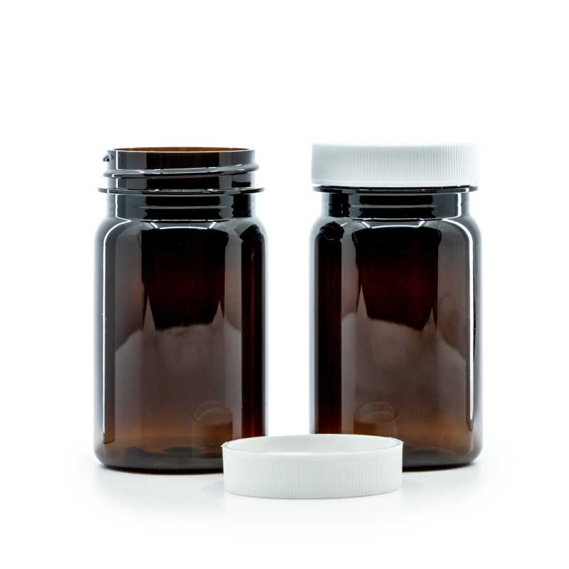 Amber Plastic Pill Jar with White Lid, 100 ml