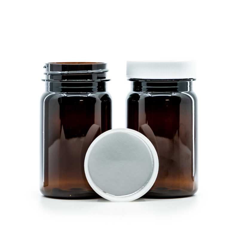 Amber Plastic Pill Jar, White Lid, Induction Innerseal, 100 ml