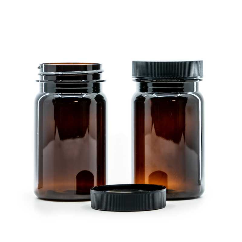 Amber Plastic Pill Jar with Black Lid, 100 ml