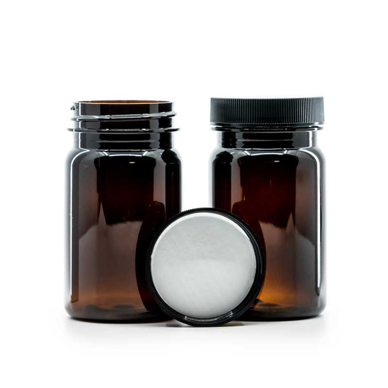 Amber Plastic Pill Jar, Black Lid, Induction Innerseal, 100 ml