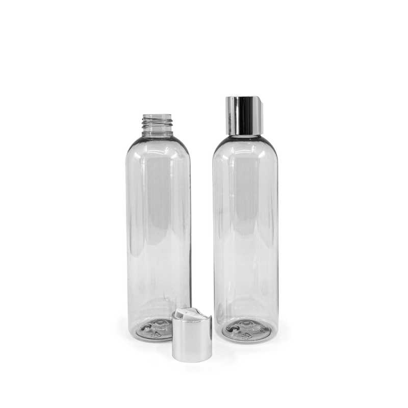 Transparent plastic bottle, ideal for storing a variety of liquids, oils, lotions, etc. It is semi-rigid, but can be squeezed. Made from recycled plastic.Volume