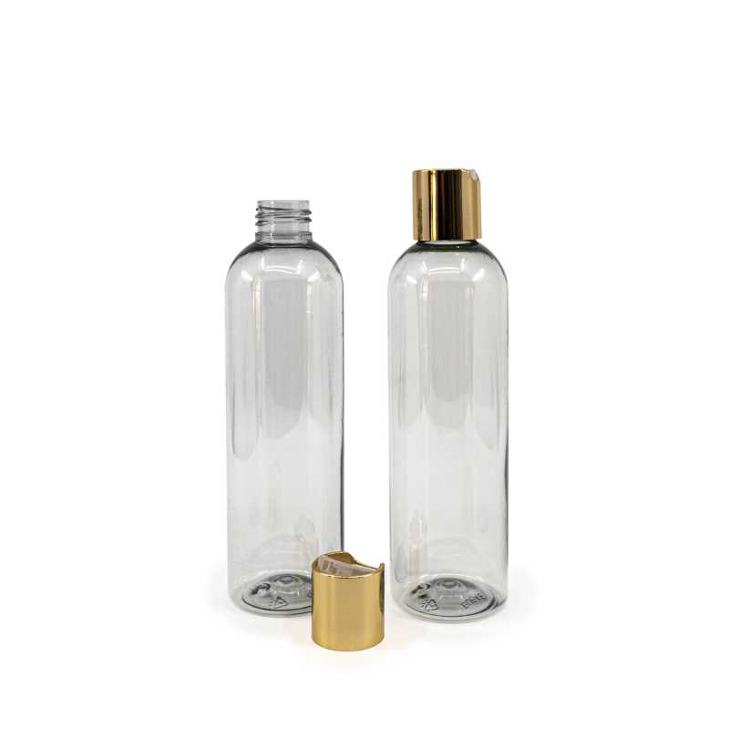 Transparent plastic bottle, ideal for storing a variety of liquids, oils, lotions, etc. It is semi-rigid, but can be squeezed. Made from recycled plastic.Volume