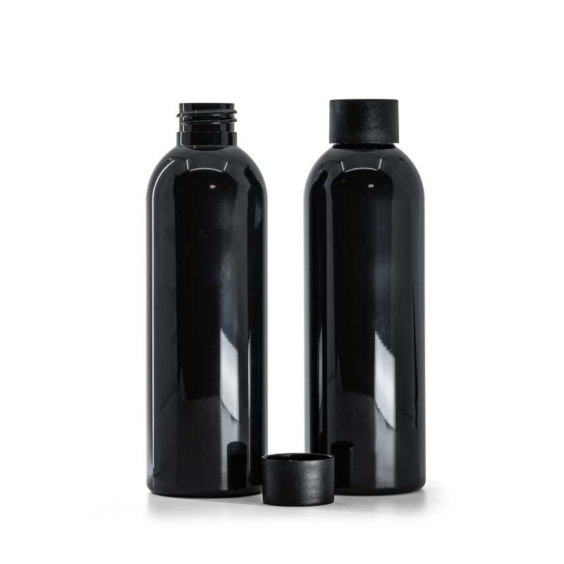 Black Shiny Plastic Bottle, 24/410, Black Mat Plastic Cap, 200 ml