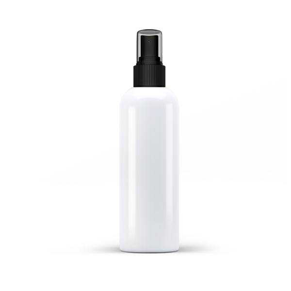 White frosted plastic bottle with black atomizer and cap.
Volume: 250 ml
Bottle neck: 24/410
Material: PET