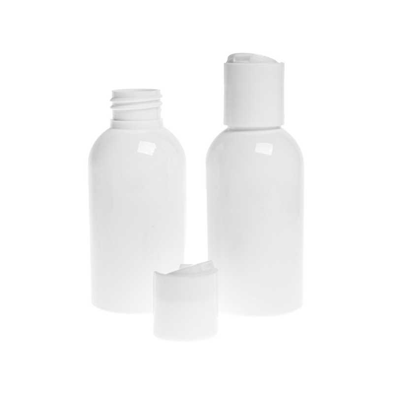 White plastic bottle made of PET with glossy surface.
Volume: 100 ml, total volume 117 mlBottle height: 99 mmBottle diameter: 44 mmNeck: 24/410
The packaging 
