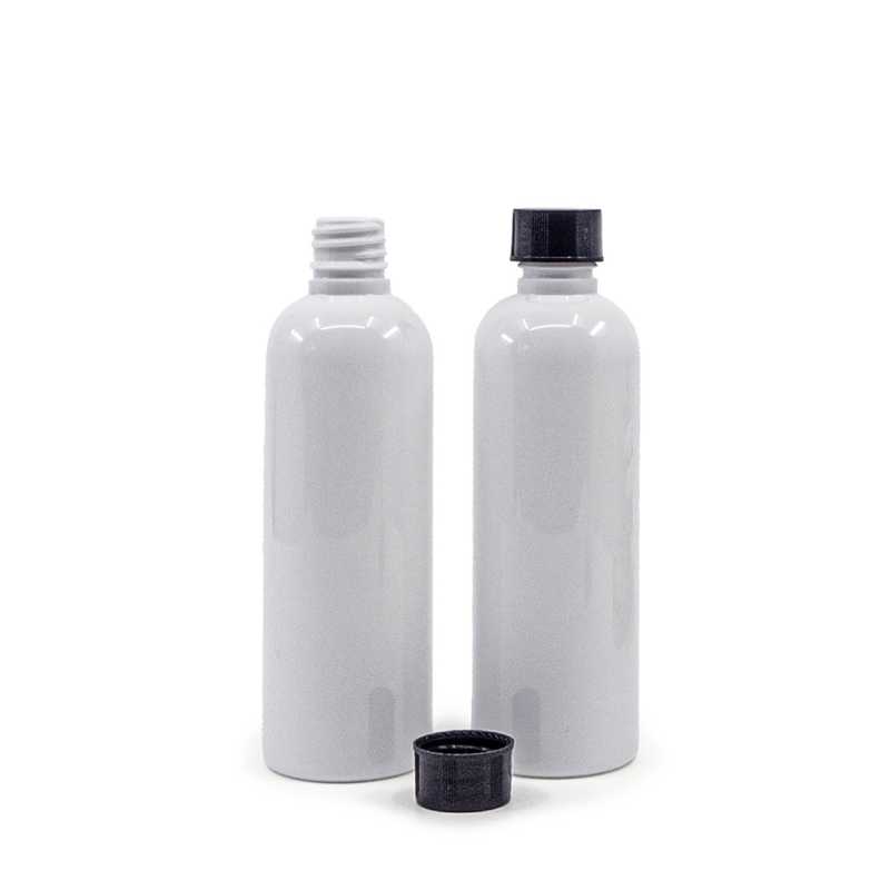 White Plastic Bottle, 18/410, Black Plastic Cap, 100 ml