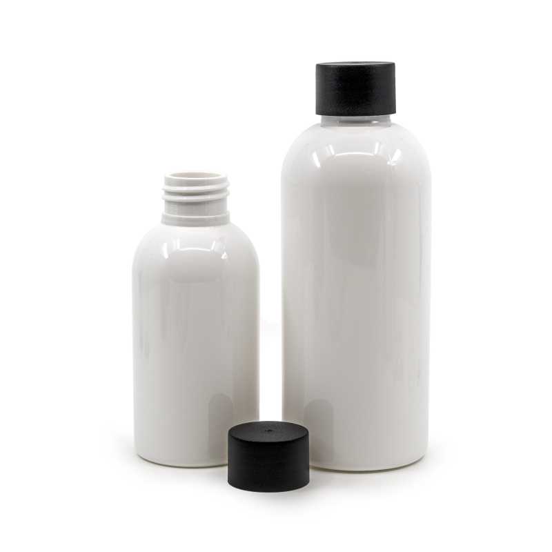 White Plastic Bottle, 24/410, Black Mat Plastic Cap, 150 ml
