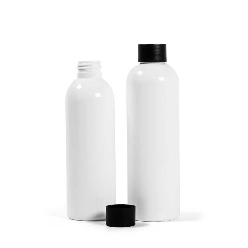 White Plastic Bottle, 24/410, Black Mat Plastic Cap, 250 ml